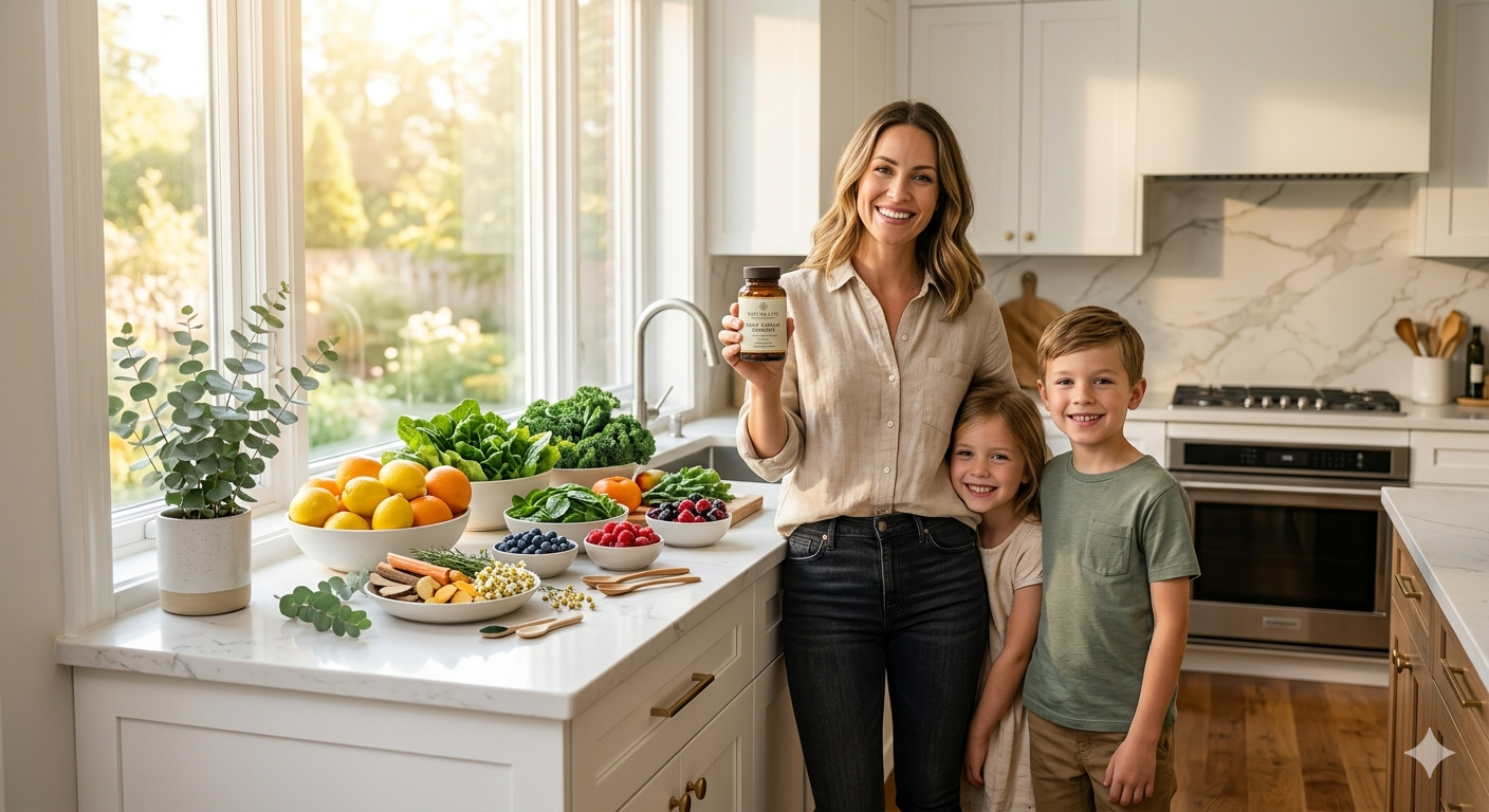 A smiling mother and her two children in a bright kitchen holding a wellness supplement bottle next to fresh fruits