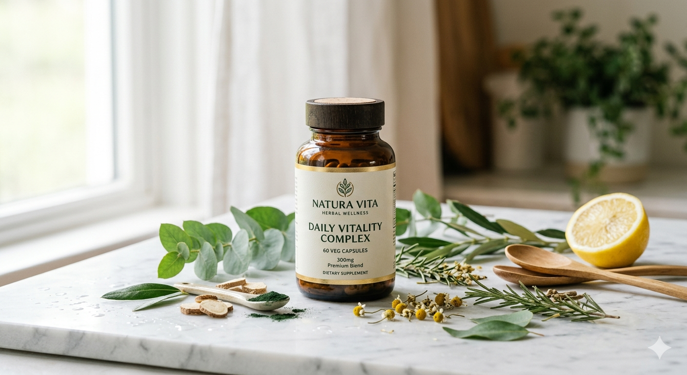 Natura Vita Daily Vitality Complex supplement bottle on a clean white marble surface surrounded by fresh herbs